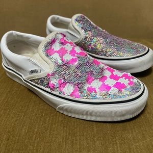 Vans Womens 7.5 silver sequin flip pink checkered Asher style slip on shoes